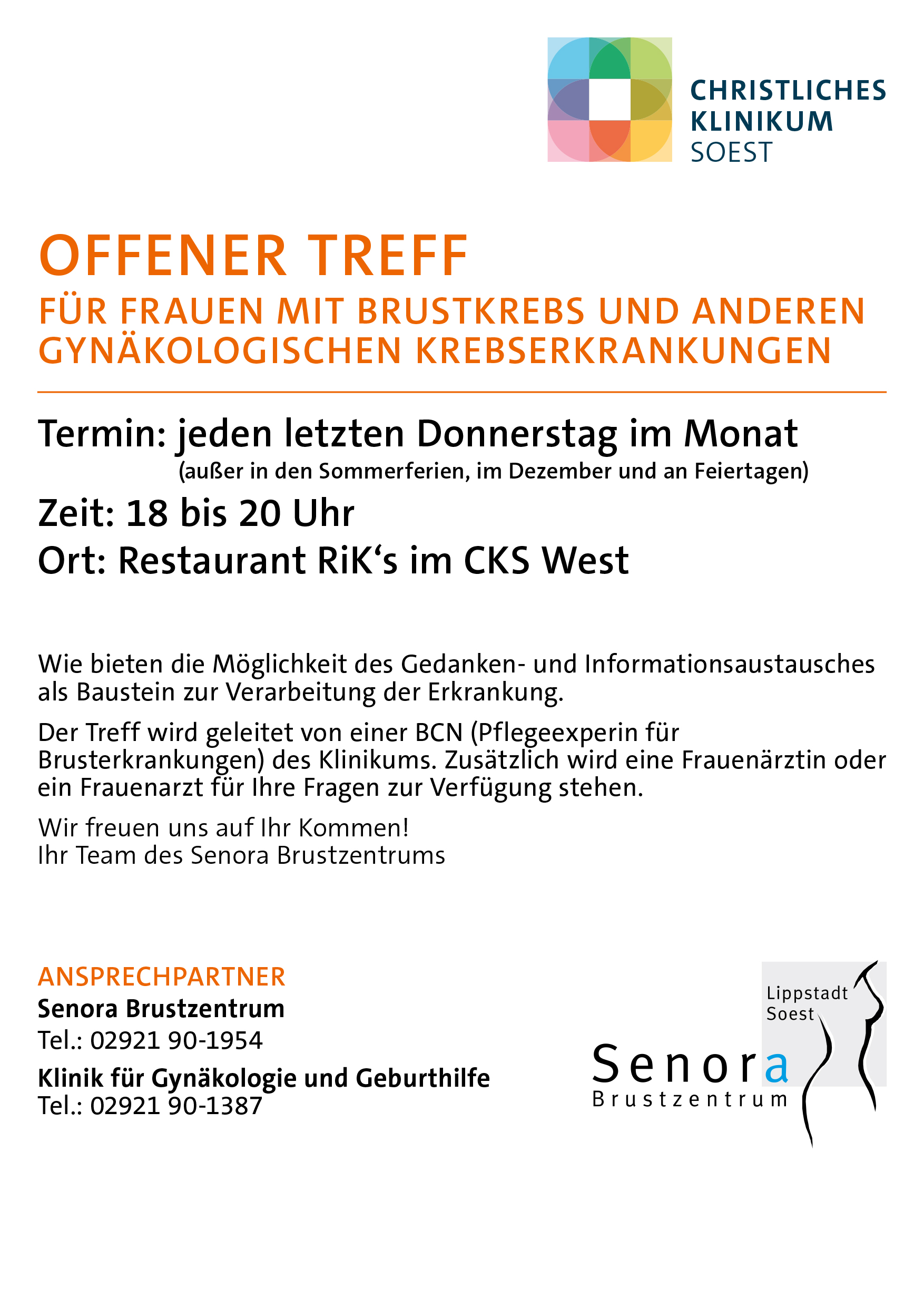 Offener Treff für Frauen mit Brustkrebs im KlinikumStadtSoest